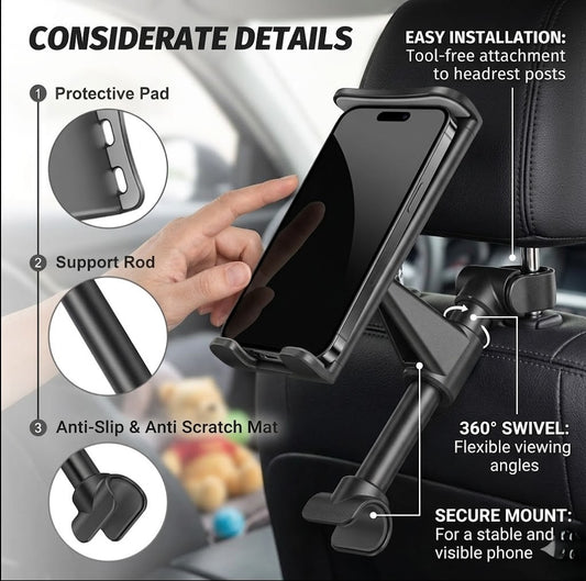 Car Tablet Holder Headrest Mount, Universal 360 Rotating Car Seat Stand Cradle for All 4.4~11" Tablets, Pad Pro 9.7, 10.5, Air mini, Nintendo Switch, Tab, Mobile Phones (Black)