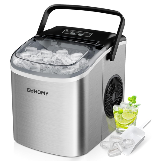 EUHOMY Countertop Ice Maker Machine, Portable 12kg/24H Ice Cube Maker with Handle, Self-Cleaning, 9 Cubes in 6 Mins for Home, Kitchen, Office & Bar