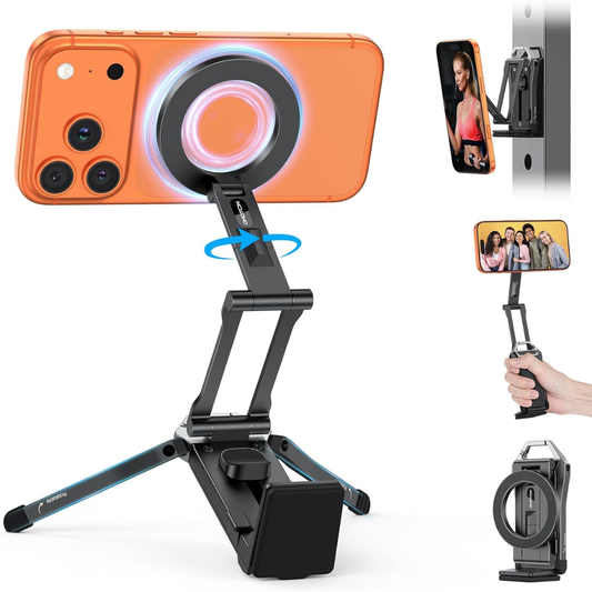 OMOTON TP02 360° Rotating MagSafe Tripod Stand | Ultralight 158g Aluminum Magnetic Phone Holder for iPhone 17/16/15/14 Pro Max – Vlog, Gym & Travel Accessory (Black)