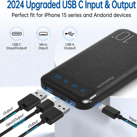 10000mAh Slim Power Bank with USB-C Input & Output | Fast Charging Portable Charger with LED Display for iPhone, Samsung & Tablets
