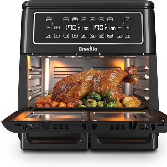 Breville Halo Flexi 11L Dual Air Fryer Oven VDF130, 2400W Digital Air Fryer, Fry Bake Grill Roast & Reheat, Serves 10+ People, Black