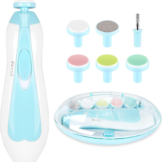 Qunlions Life 8-in-1 Baby Electric Nail File – Safe Baby Nail Trimmer Kit with 6 Grinding Heads & LED Light (Blue)