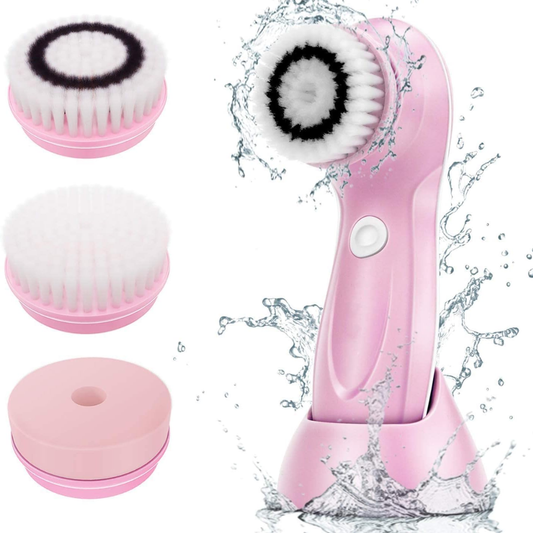 Electric Facial Cleansing Brush with 3 Brush Heads, Waterproof Face Spin Cleanser, Pink