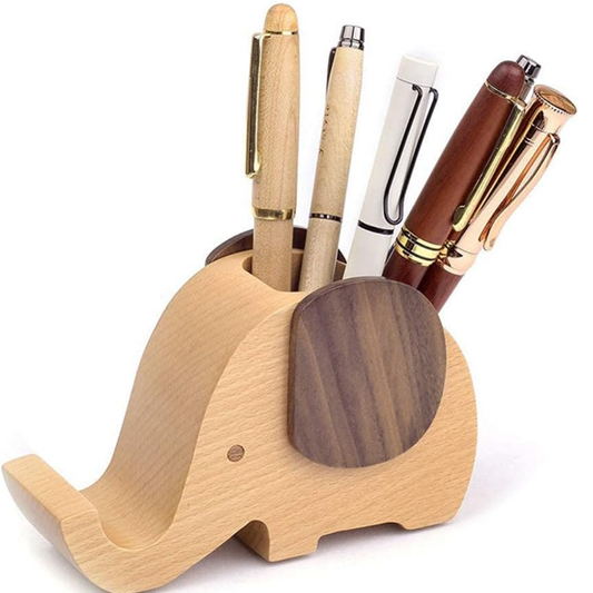 Elephant Pen Holder Phone Stand with Pencil Holder, Wooden Desk Organizer for Pens, Pencils, Office Supplies & Cute Workspace Decor