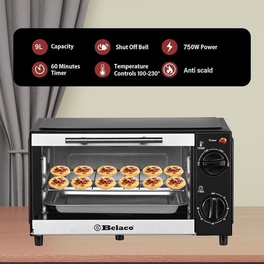 Belaco BTO-109N 9L Mini Toaster Oven – 750W Portable Tabletop Baking Oven with Timer & Accessories