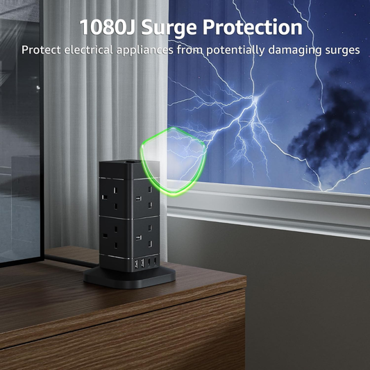 Hotimy Tower Extension Lead-8 Way Surge Protector with USB & Type-C Ports (3M)