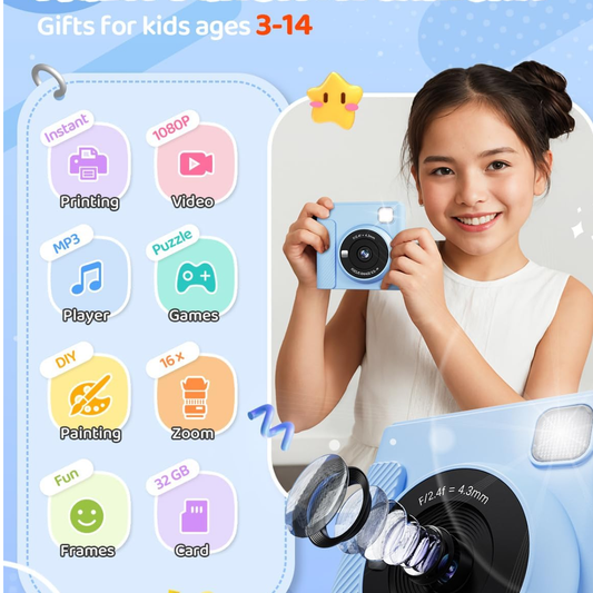 TIATUA Kids Instant Print Camera 1080P with 32GB Card – Blue (Ages 3–12)