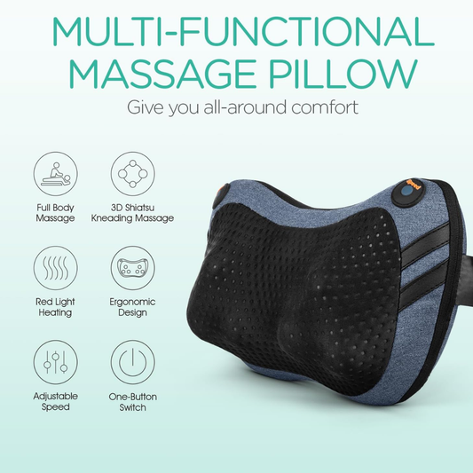 Shiatsu Neck & Back Massager with Heat – 3D Deep Tissue Massage Pillow for Home, Office & Car (Pale Blue)