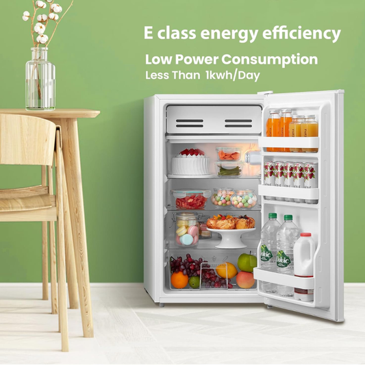 COMFEE’ RCD93WH2(E) 93L Under Counter Fridge – Compact Small Refrigerator with Cooler Box, Interior Light, Removable Glass Shelf, Reversible Door, Adjustable Legs – White, Energy Class E