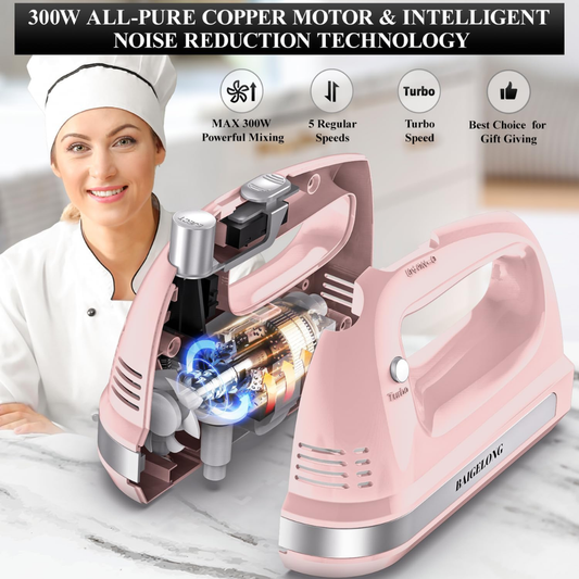 BAIGELONG 300W Hand Electric Mixer, 5-Speed + Turbo Boost Handheld Kitchen Mixer with Stainless Steel Attachments for Baking & Cooking, Pink