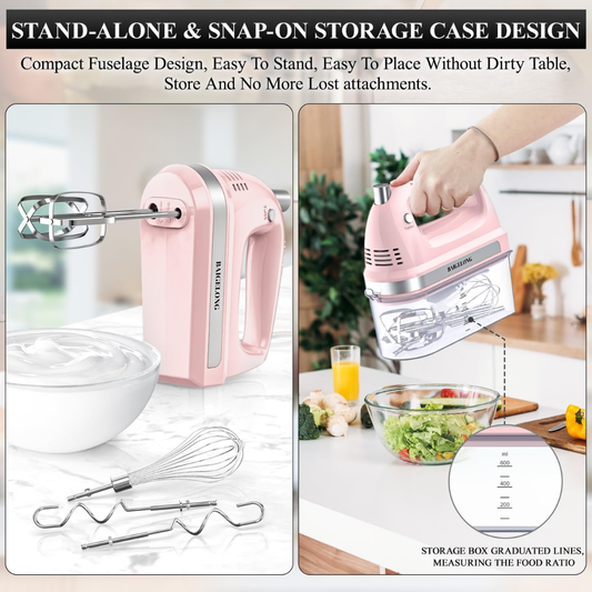 BAIGELONG 300W Hand Electric Mixer, 5-Speed + Turbo Boost Handheld Kitchen Mixer with Stainless Steel Attachments for Baking & Cooking, Pink