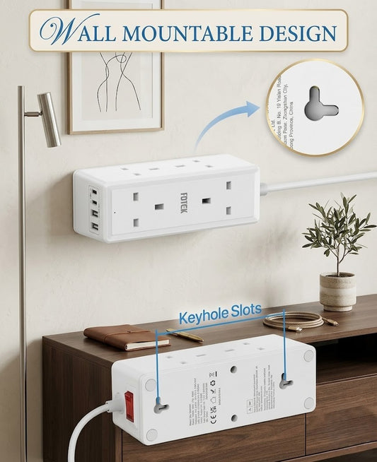 6 Way Extension Lead 3M with USB Slots, FDTEK Desk Power Strip with 2 USB-A and 2 USB-C Ports