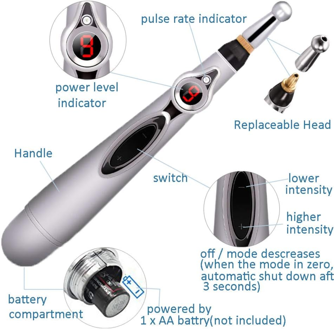 Electronic Acupuncture Therapy Pen with 3 Different Massage Heads for Pain Relief