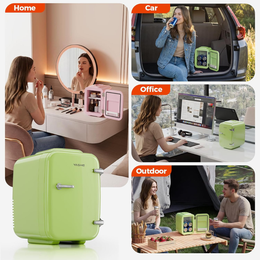 YASHE Mini Fridge, 4 Liter/6 Cans Portable Cooler and Warmer, AC/DC Power Small Fridge, Quiet Desk Skincare Fridge for Beauty Drinks Medicine, Mini Fridge for Bedrooms Office Dorm Car Travel, Green