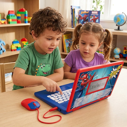 LEXIBOOK Spider-Man Educational Laptop – Bilingual Learning Toy with 124 Activities (Red/Blue)