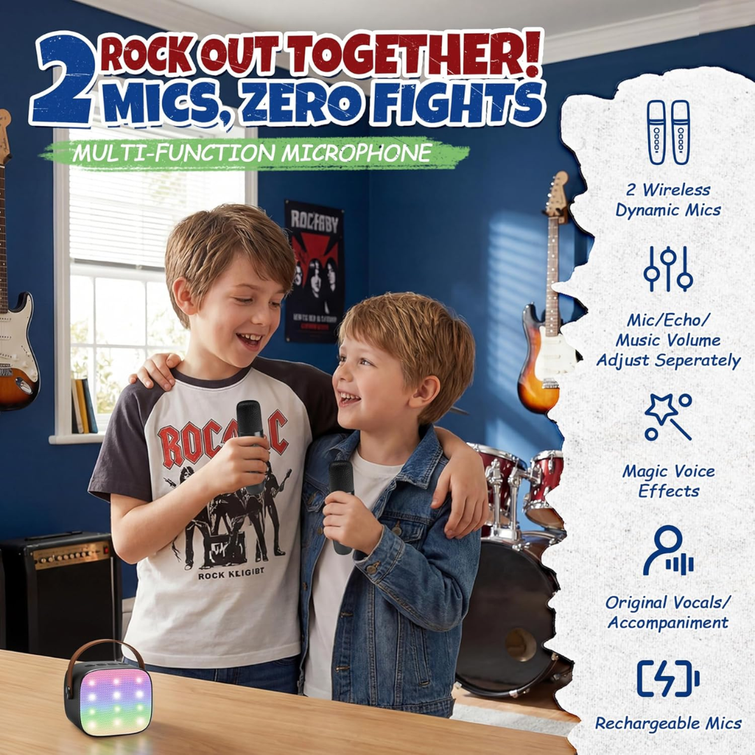 YLL Mini Karaoke Machine with 2 Wireless Mics – Kids Party Toy (Ages 3–12) – Black