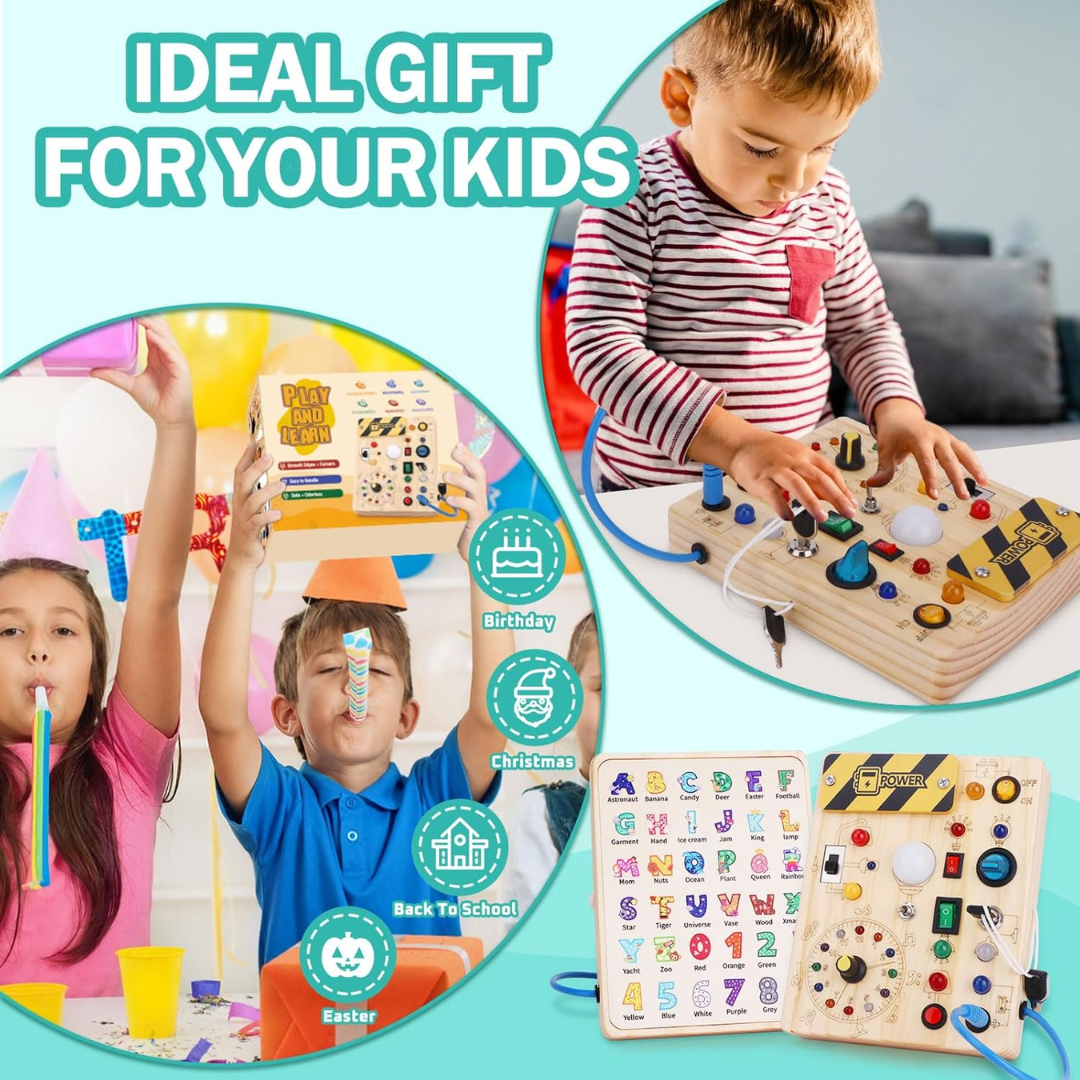 Montessori Busy Board for Toddlers – Wooden Activity Sensory Toy with 10 Switches & 23 LED Lights (Ages 1–4)