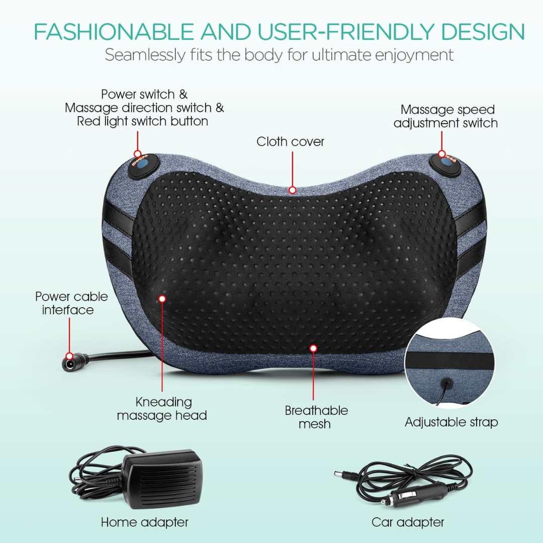 Shiatsu Neck & Back Massager with Heat – 3D Deep Tissue Massage Pillow for Home, Office & Car (Pale Blue)