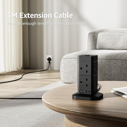 Hotimy Tower Extension Lead-8 Way Surge Protector with USB & Type-C Ports (3M)