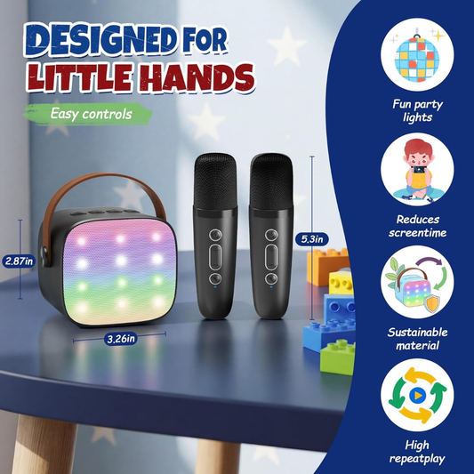 YLL Mini Karaoke Machine with 2 Wireless Mics – Kids Party Toy (Ages 3–12) – Black