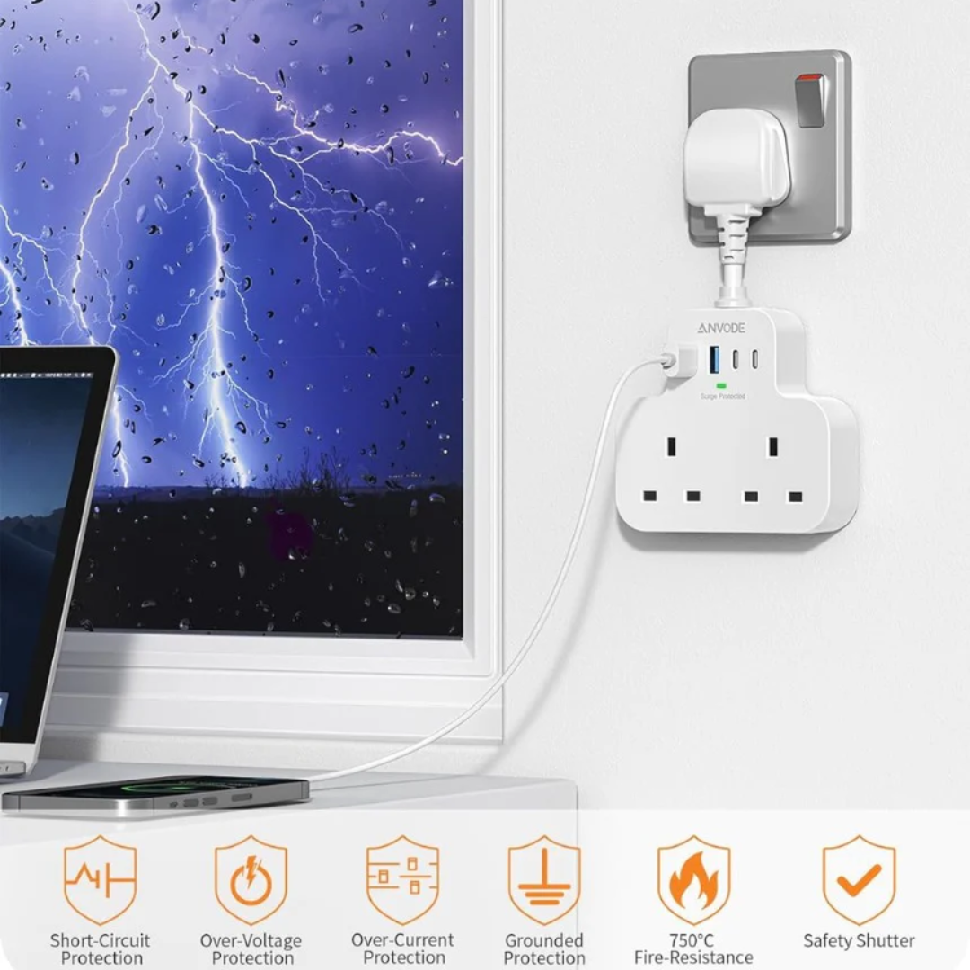 Multi Plug Extension Socket with 4 USB Ports, ANVODE 2 Way Plug Adaptor with Flexible Cable, Short Extension Lead Double Adapter Plug UK for Bedroom, Office..