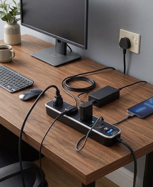 Masterplug Four Socket Switched Inline Power Surge Protected Extension Lead with Two USB Charging Ports, 2 Metres, Gloss Black