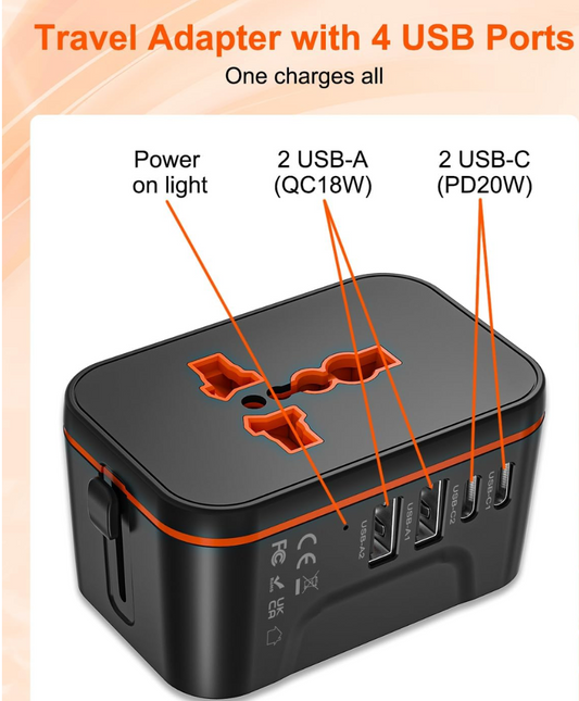 Universal Travel Adapter, All-in-One International Power Plug with Multi-Country Compatibility & USB Charging Ports