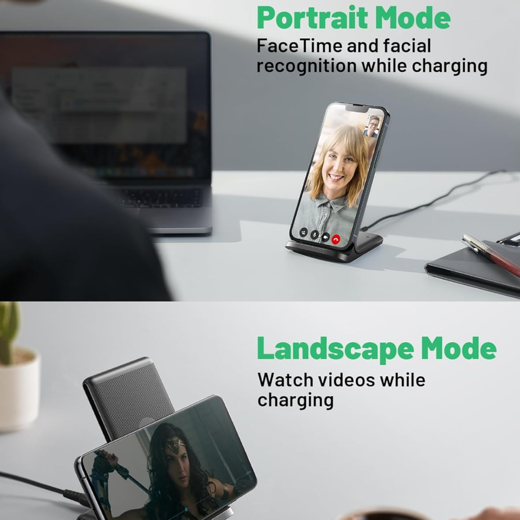 Wireless Charger Stand, Fast Charging Dock with Adjustable Viewing Angle for Smartphones and Compatible Devices