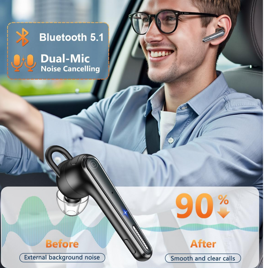 Dual ENC Mic Bluetooth Earpiece, Wireless Hands-Free Headset with Environmental Noise Cancellation for Clear Calls & Long Battery Life