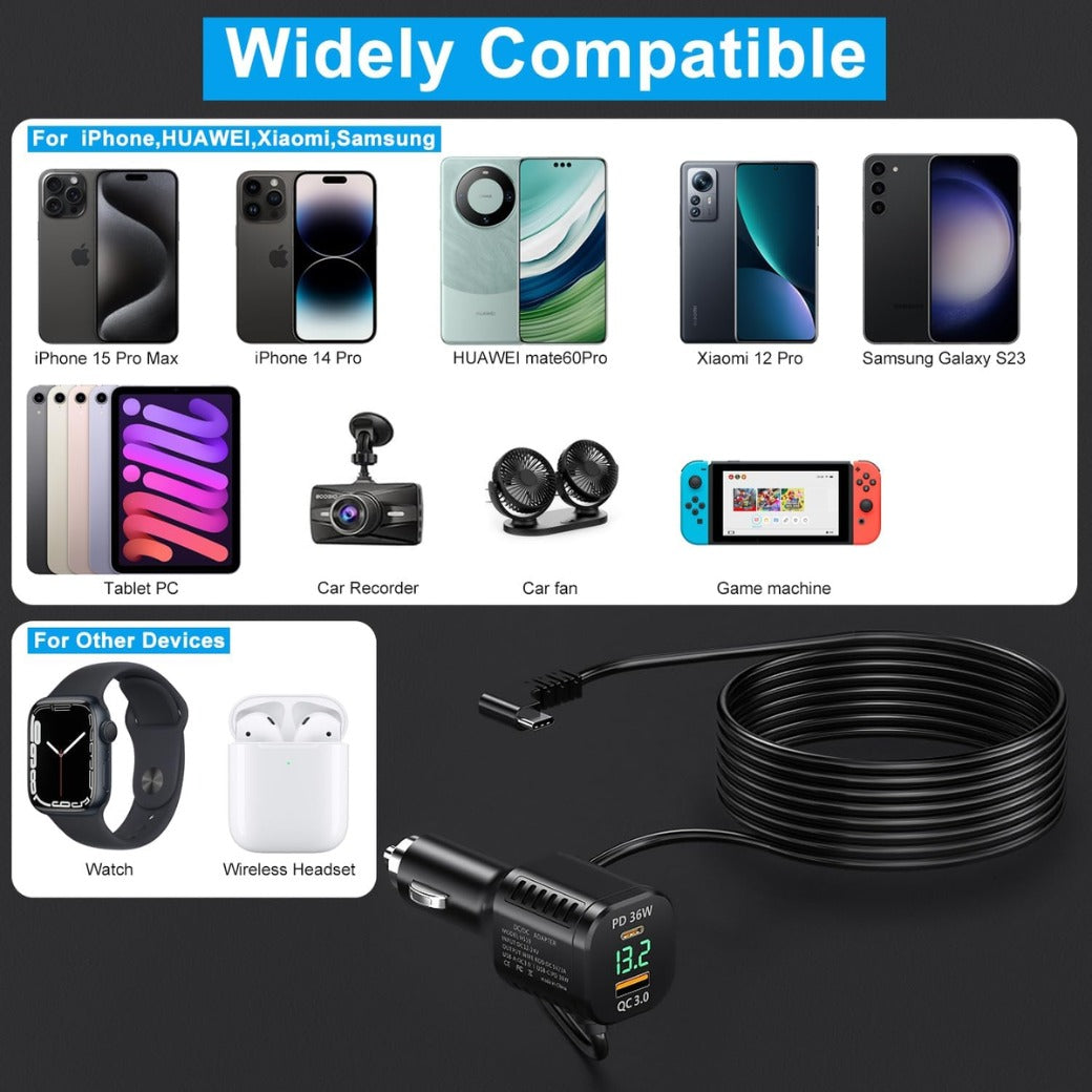 60W USB C Car Charger Socket Fast Charge with LED Voltmeter Car Phone Charger Cigarette Lighter Adapter Dual PD3.0 & QC3.0with 3.5m Type C Extension Cable for iPhone Samsung iPad, Dash Cam