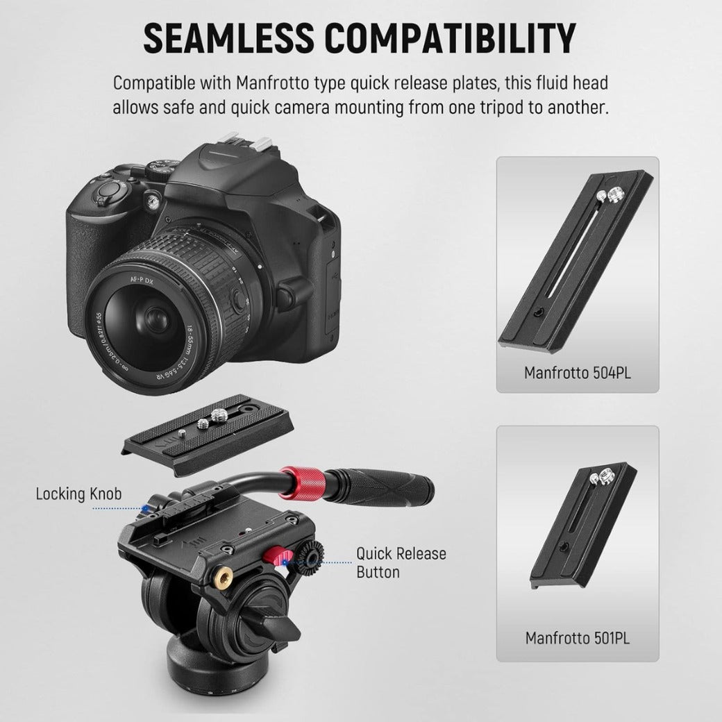 Video Tripod Fluid Head with Quick Release Plate, Telescopic Handle & Panorama Scaled Base (⌀55mm), Max Load 13.2lb/6kg, Heavy Duty for DSLR Video Cameras, GM001