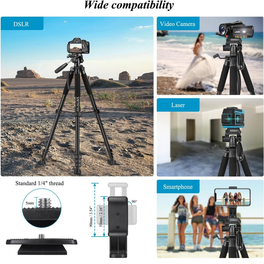 Victiv Camera Tripod 63-73" for Canon Nikon, Lightweight DSLR Camera Stand with Detachable 3-way Swivel Pan Head Max Load 14lb/6.35kg, Aluminum Tripod with Holder and Carry Bag