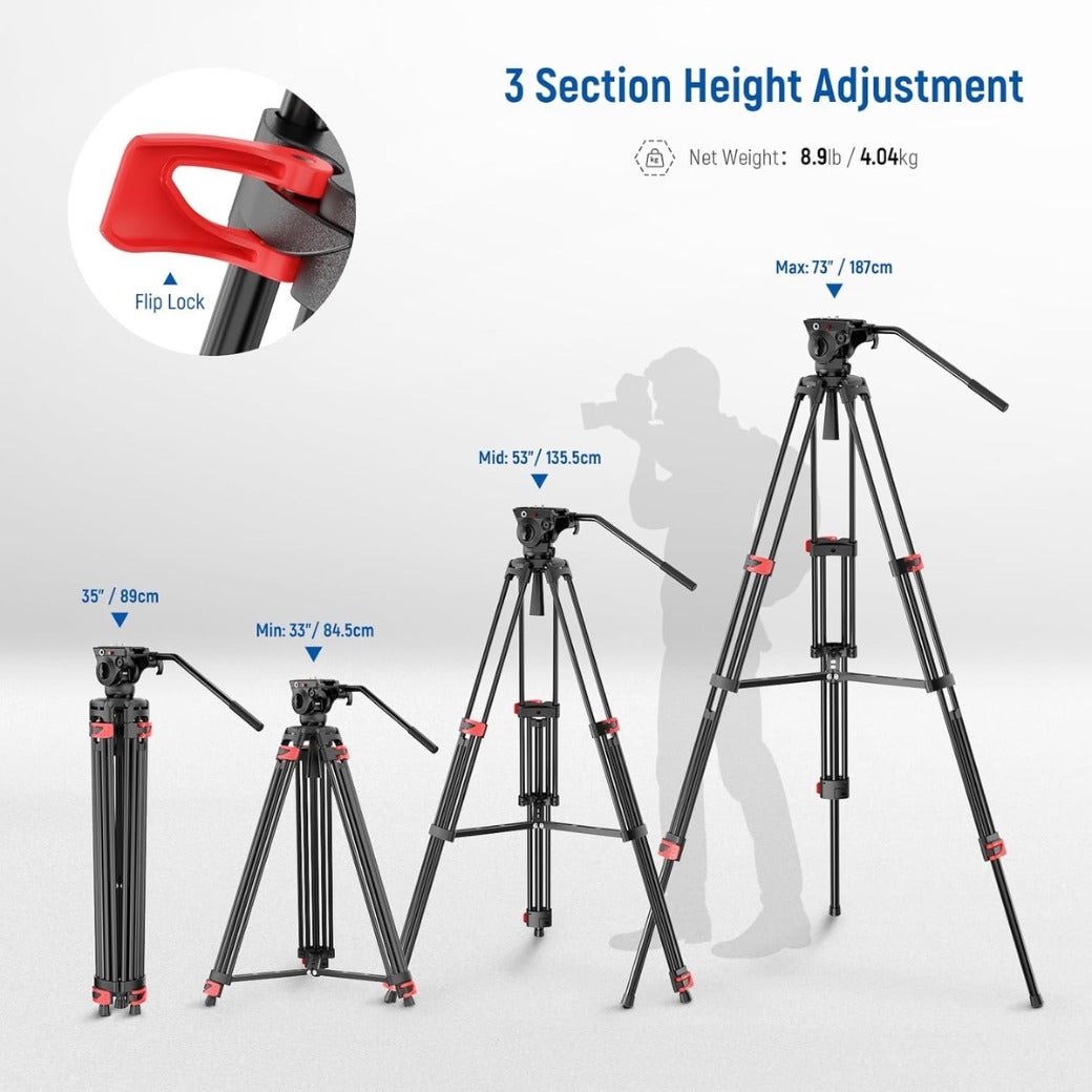 Basic 74" Video Tripod with Fluid Head , Metal Camera Tripod with Smooth Friction Damping, Mid Level Spreader, Quick Release Plate Compatible with Manfrotto 501, Max Load 17.6lb, TP37