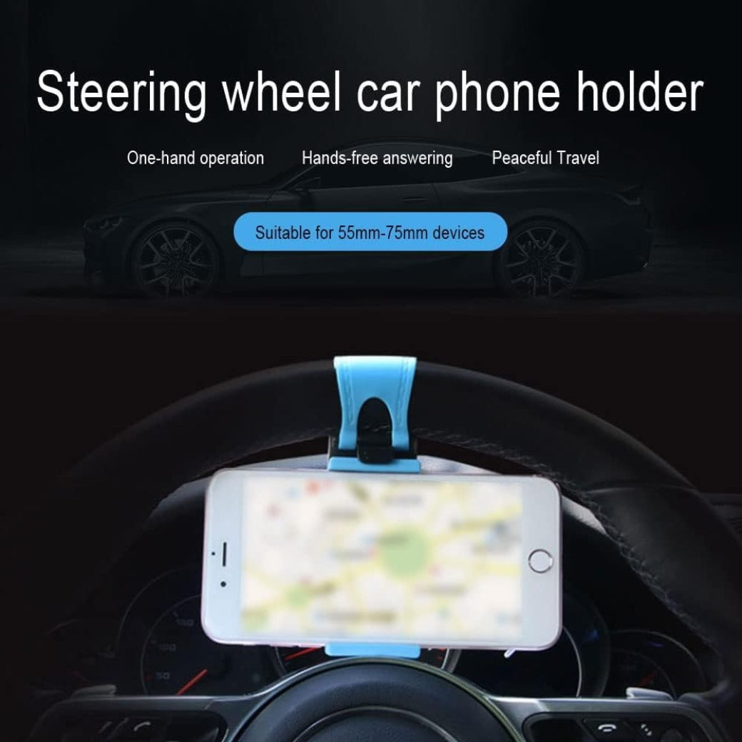 Car Steering Wheel Phone Mount, Blue, Portable Electronic Device Mount, Compatible with iPhone and Samsung (Blue)