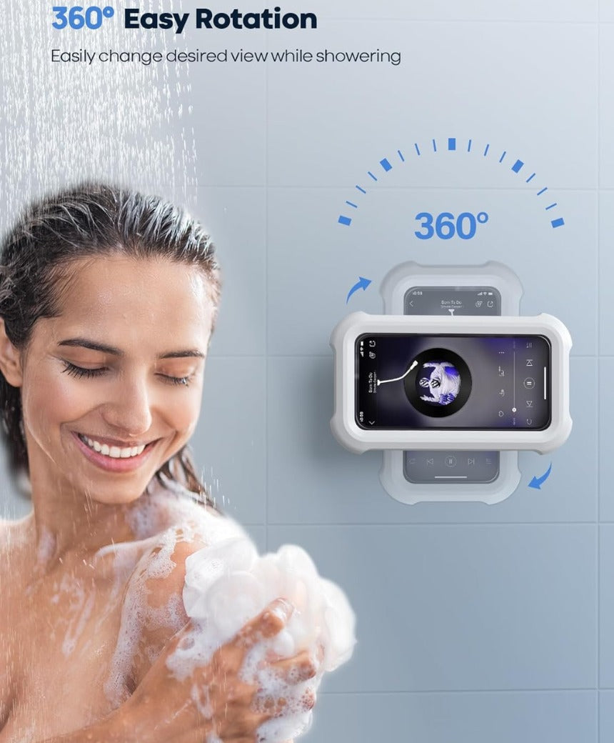 Shower Phone Holder Waterproof - 480° Rotation Wall Mount Shower Phone Case, Anti-Fog, High Sensitive HD Touchscreen Shower Phone Mount for Bathroom Bathtub Kitchen, Fit 4-7" Phone - White