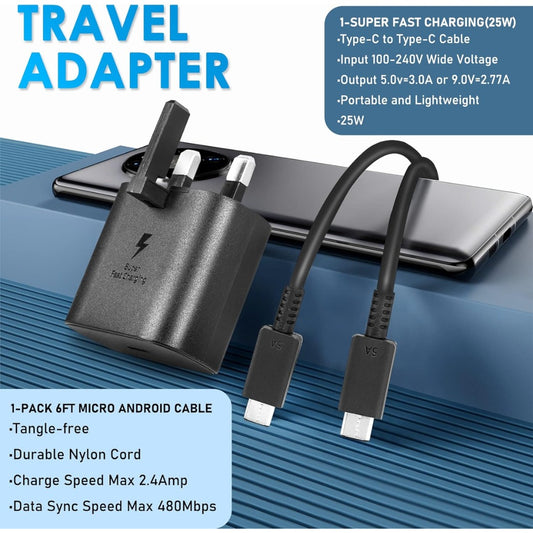 Samsung 25W Fast Charger w/ 6 FT USB C Cable - Compatible w/ Galaxy Smartphones & Other USB Type C Devices