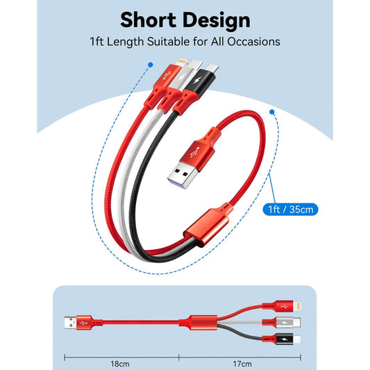 3pcs Multi USB Charging Cable 3A, 3 in 1 Braided USB Fast Charger Cord Connector with Phone/Micro USB/Type C Port for Cell Phones/Galaxy S9 S8 S7/Pixel/LG/Tablets and More(Red, 1ft/35cm)