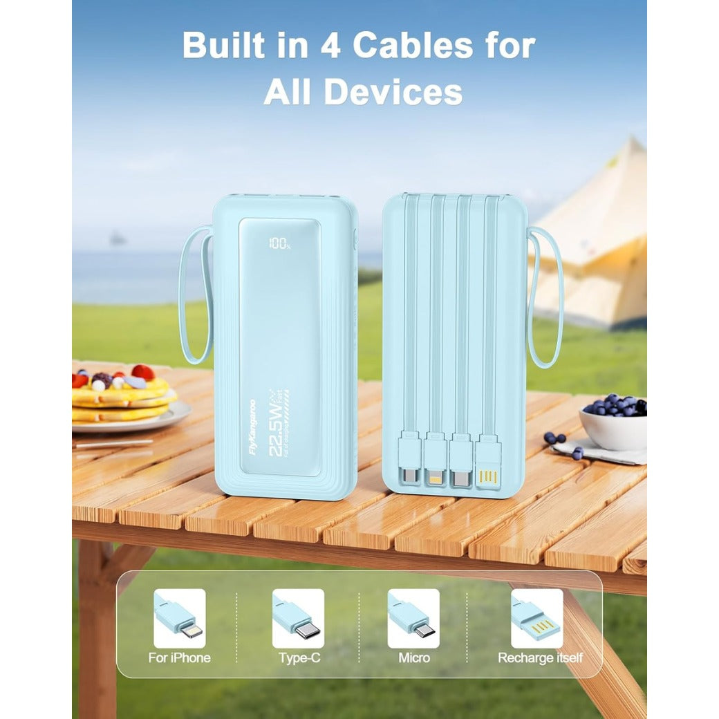 Power Bank Built-in Cable, Slim 10000mAh Fast Charging Portable Charger with Flashlight & 6 Outputs,USB C External Battery Pack for iPhone 16 15 14 Android and More