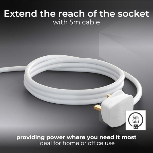 Two Socket Double Extension Lead, 5 Metre Cable, Unswitched, 2-Way Plug Extension Cable, Power Strip, Basic Power, White, 13A, 2G, 5m, BTG5N