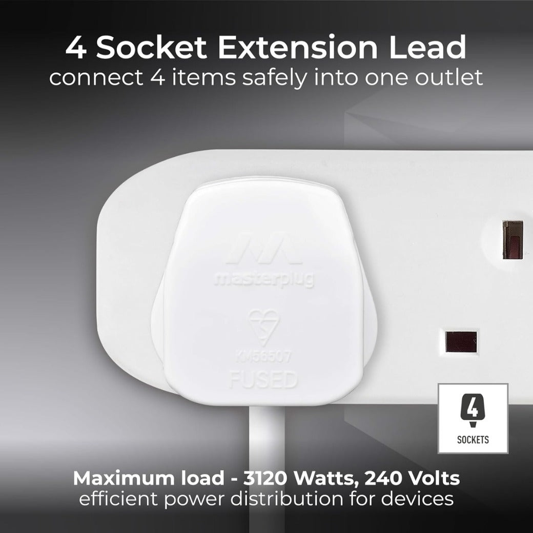 Four Socket Extension Lead, 3 Metre Cable, Unswitched, 4-Way Plug Extension Cable, Power Strip, Basic Power, White, 13A, 4G, 3m, BFG3N