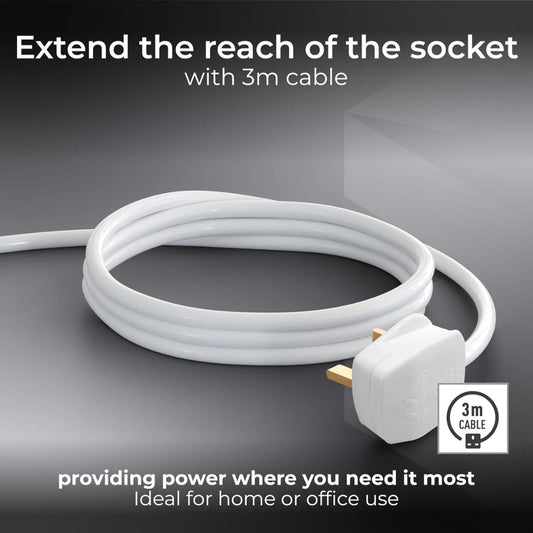 Four Socket Extension Lead, 3 Metre Cable, Unswitched, 4-Way Plug Extension Cable, Power Strip, Basic Power, White, 13A, 4G, 3m, BFG3N