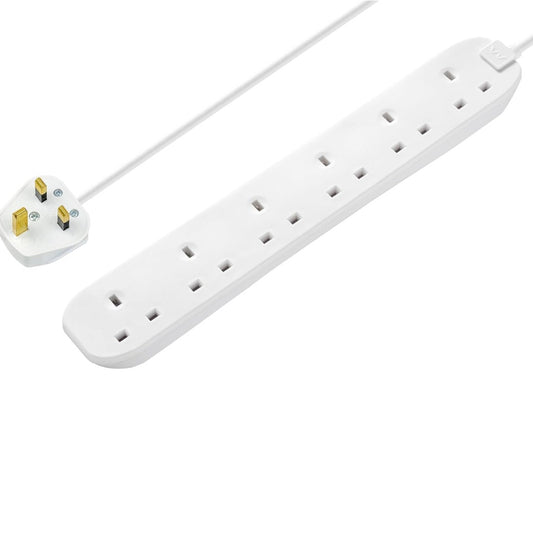 Six Socket Extension Lead, 1 Metre Cable, Unswitched, 6-Way Plug Extension Cable, Power Strip, Basic Power, White, 13A, 6G, 1m, BSG110N