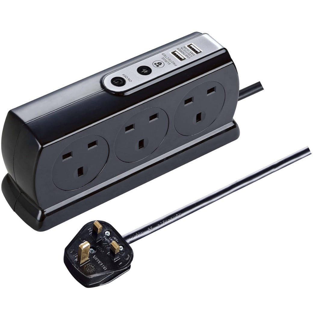 Six Socket Switched Inline Power Surge Protected Extension Lead with Two USB Charging Ports, 2 Metres, Gloss Black