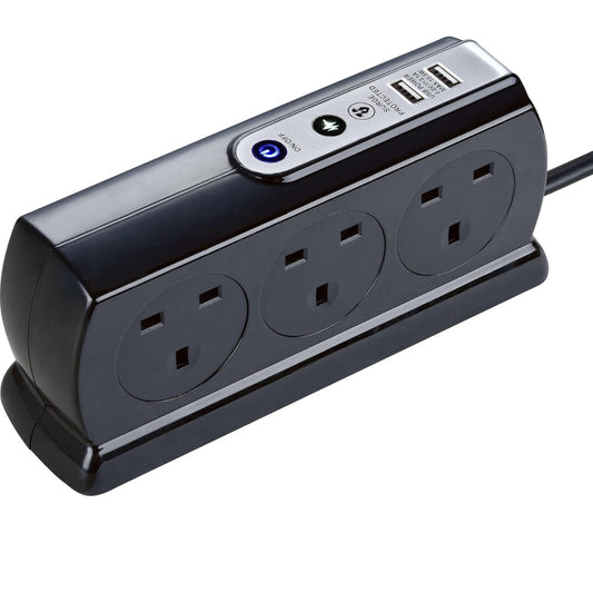 Six Socket Switched Inline Power Surge Protected Extension Lead with Two USB Charging Ports, 2 Metres, Gloss Black