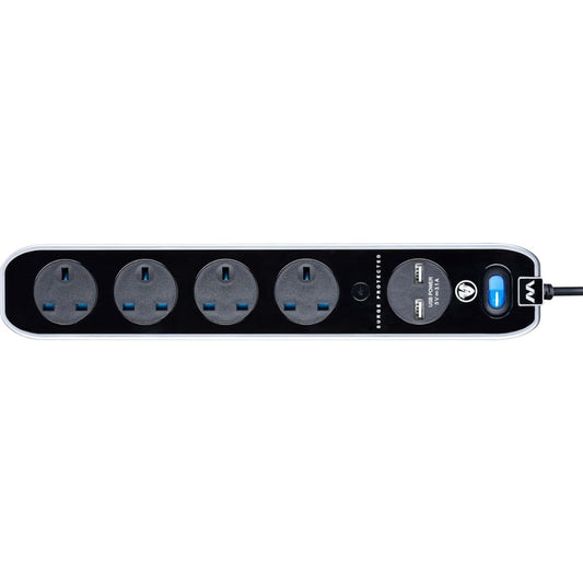 Masterplug Four Socket Switched Inline Power Surge Protected Extension Lead with Two USB Charging Ports, 2 Metres, Gloss Black