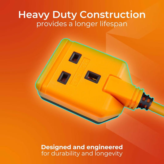 One Socket Single Outdoor Extension Lead, 15 Metre Cable, Cable Tidy, Unswitched, Heavy Duty, Rewireable, 1-Way Plug Extension Cable, Orange, 13A, 1G, 15m, CT1513