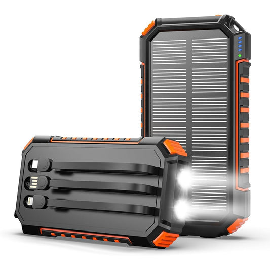 Hiluckey Power Bank Solar Charger - 27000mAh with Built-in 3 Cables Five Outputs 15W Fast Charging External Battery Pack for All Mobile Devices Solar Portable Charger with Dual Flashlights