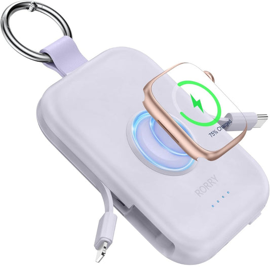 Portable Charger, 5000mAh Portable Charger Power Bank with Built-in Cables, Travel Keychain Battery Pack for iPhone Air/17/16/15/14/13/12, Apple Watch Ultra/11/10/9/8/7/6/SE, Purple