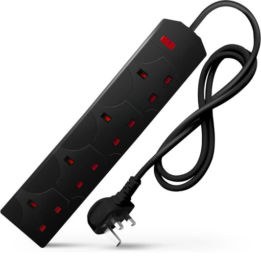Black Electric Extension Lead - 4 Gang, 1 Metre Cable with UK Plug & 3 Pin Socket