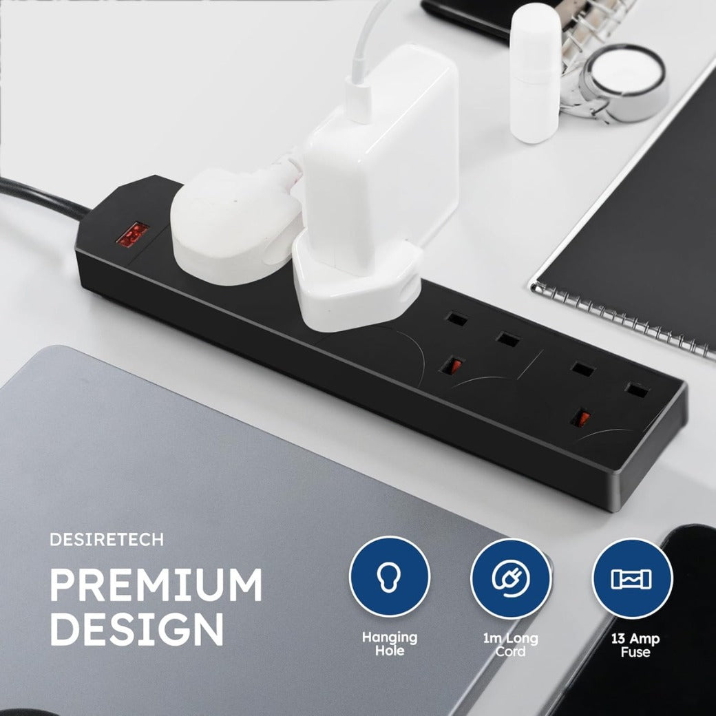 Black Electric Extension Lead - 4 Gang, 1 Metre Cable with UK Plug & 3 Pin Socket